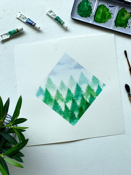 Misty Mountains Watercolour Painting