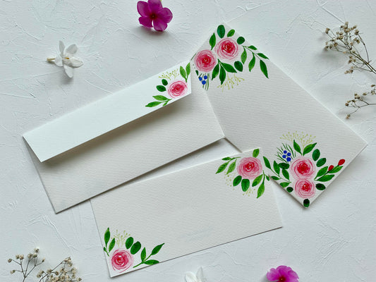 watercolour hand-painted envelopes rose garden