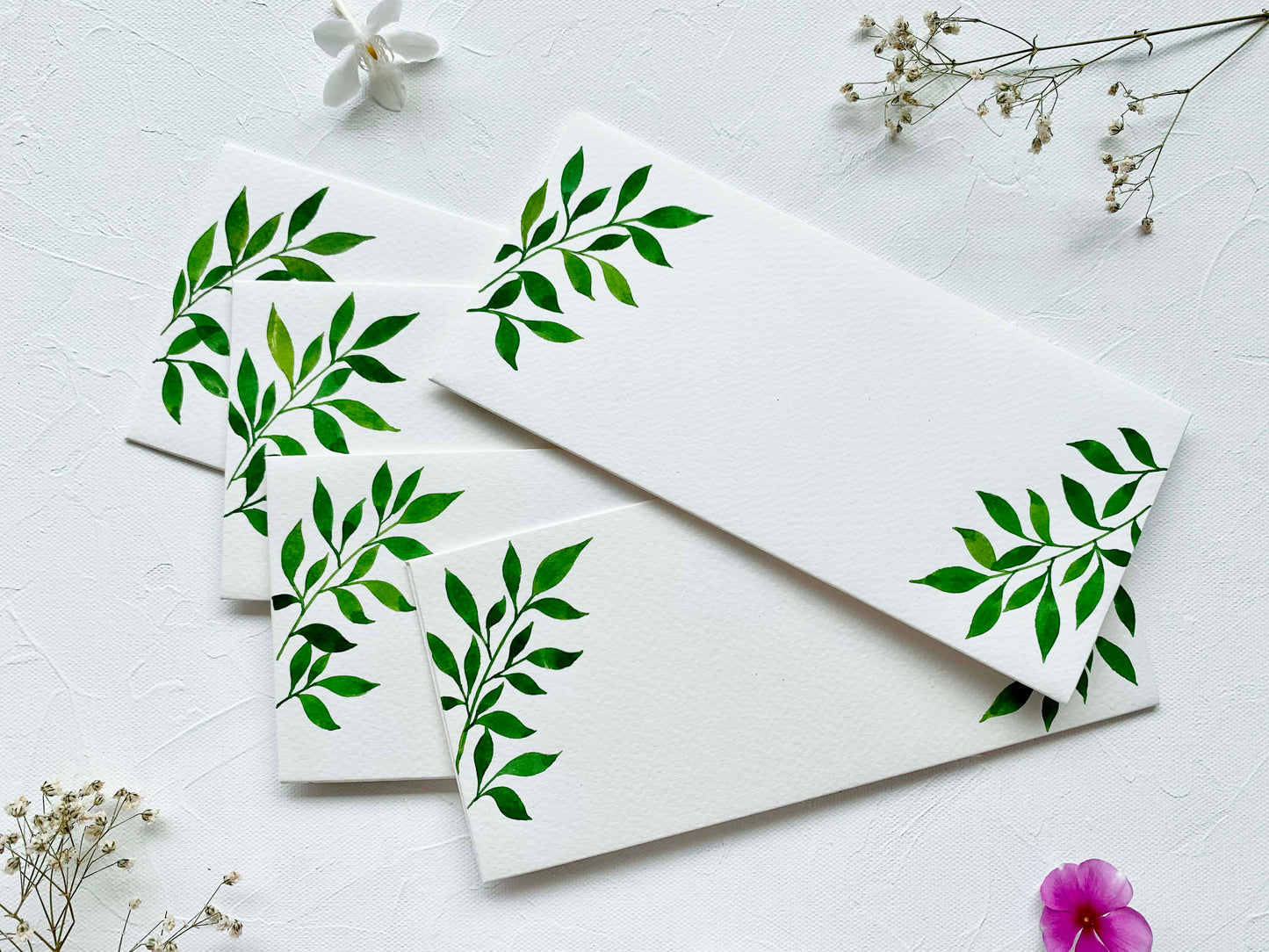 hand-painted watercolour leaves botanical themed money envelopes