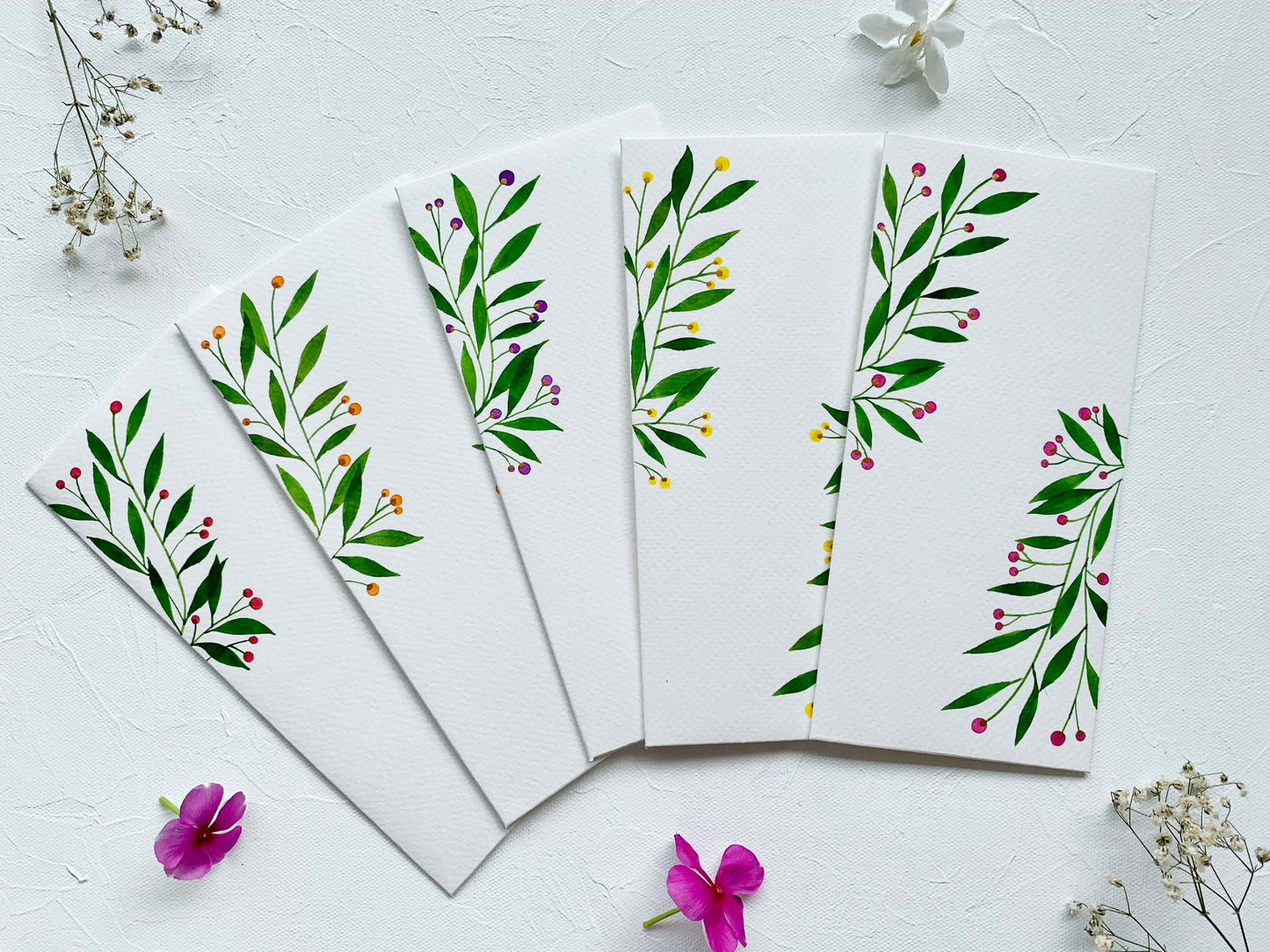 hand-painted watercolour leaves  , berries botanical themed money envelopes citrus summer