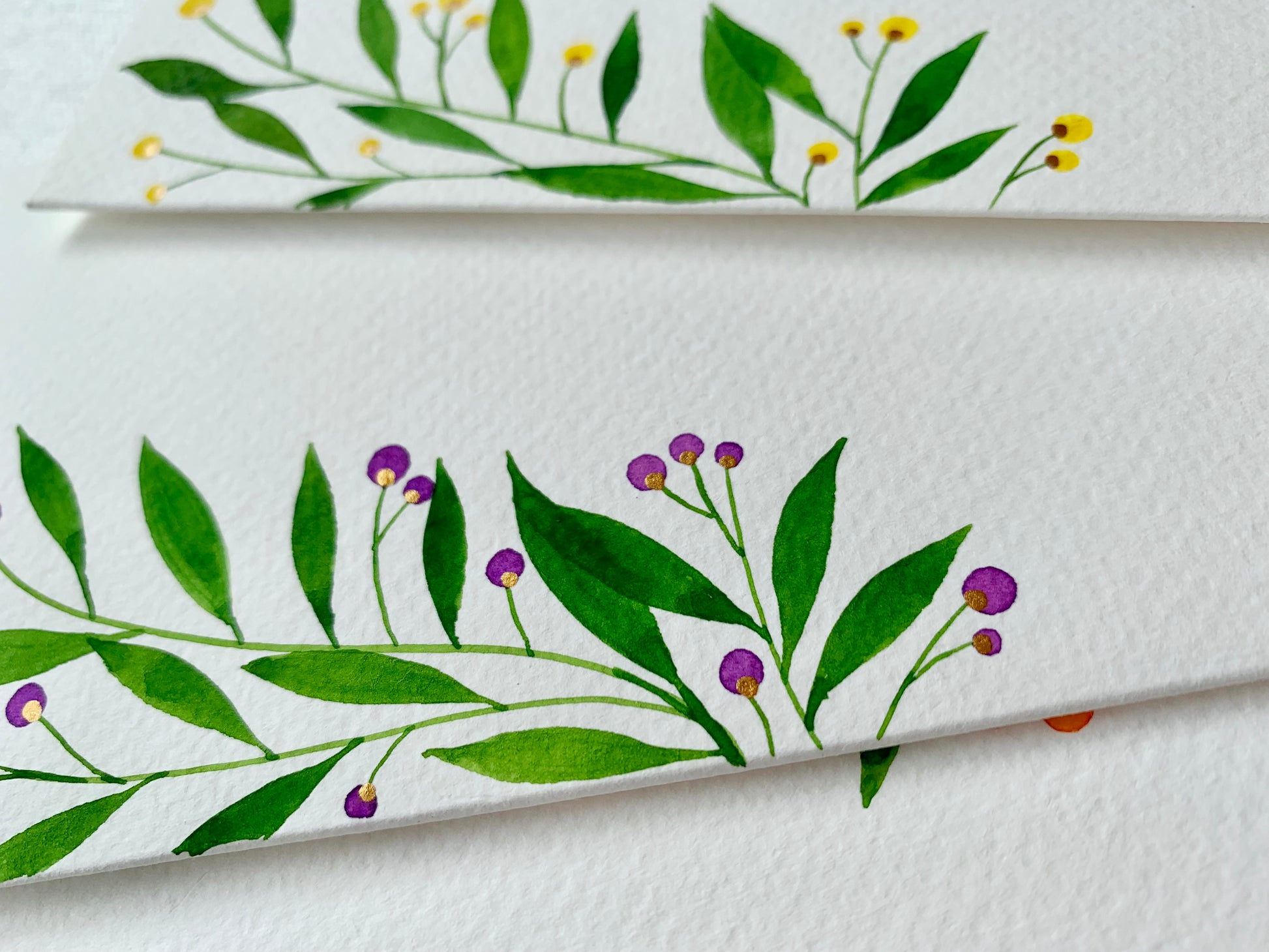 hand-painted watercolour leaves  , berries botanical themed money envelopes citrus summer