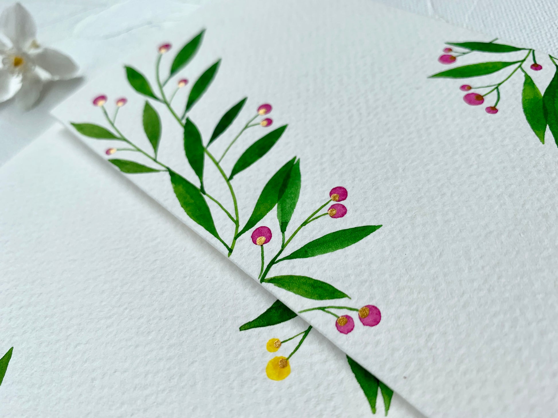 hand-painted watercolour leaves  , berries botanical themed money envelopes citrus summer