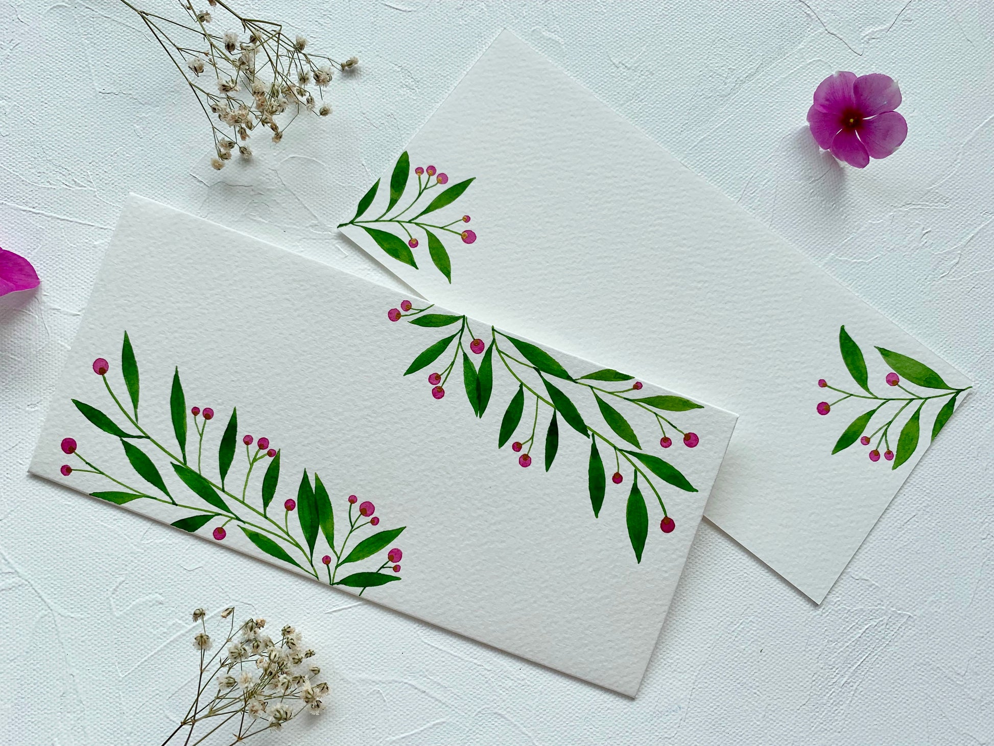 hand-painted watercolour leaves  , berries botanical themed money envelopes citrus summer