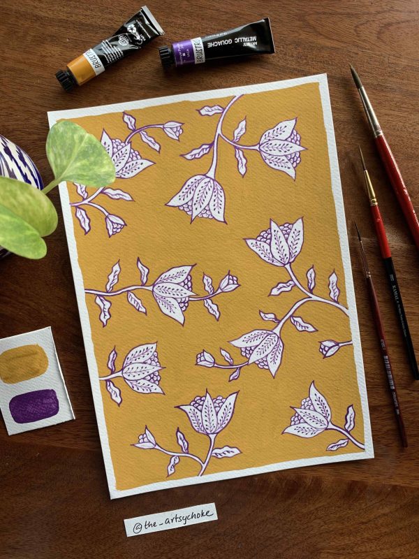 protea-flower-illustration-pattern-painting-gouache-yellow-violet-print-design-handpainted-ochre-home-decor-wall-art
