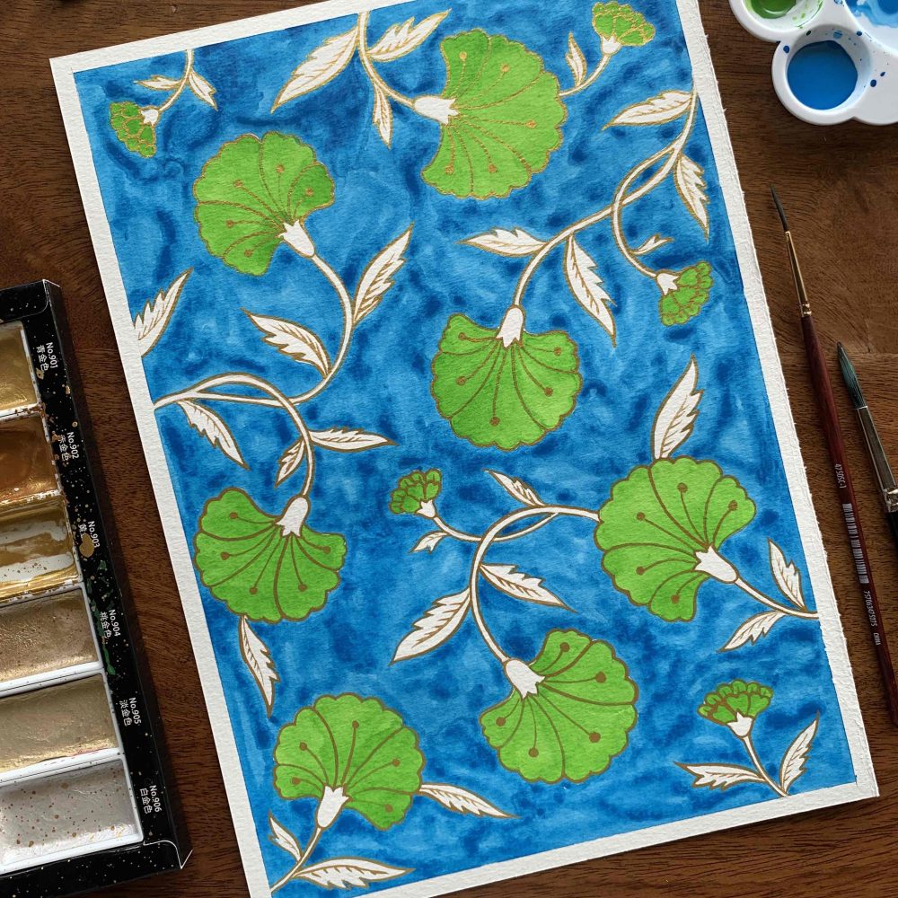 lily-pond-floral-pattern-flowers-blue-green-artwork-poster-painting-watercolour-watercolor-handmade-home-decor-wall-art-hanging-minimal-decorative-botanical-nature-indianart-mughal-motif-textile-print-watercolour-watercolor-gold