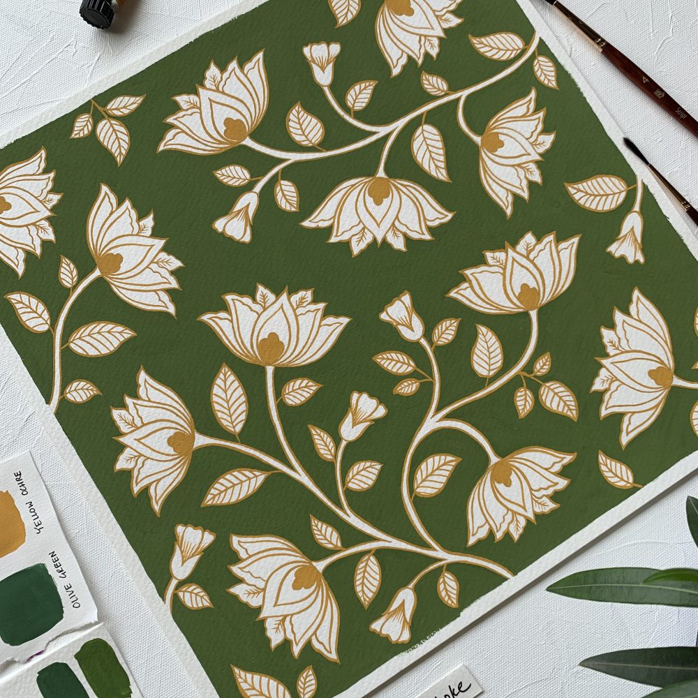 Sacred-bloom-lotus-inspired-pattern-design-painting-gouache-yellow-ochre-green-home-decor-wall-art-design-botanical-floral