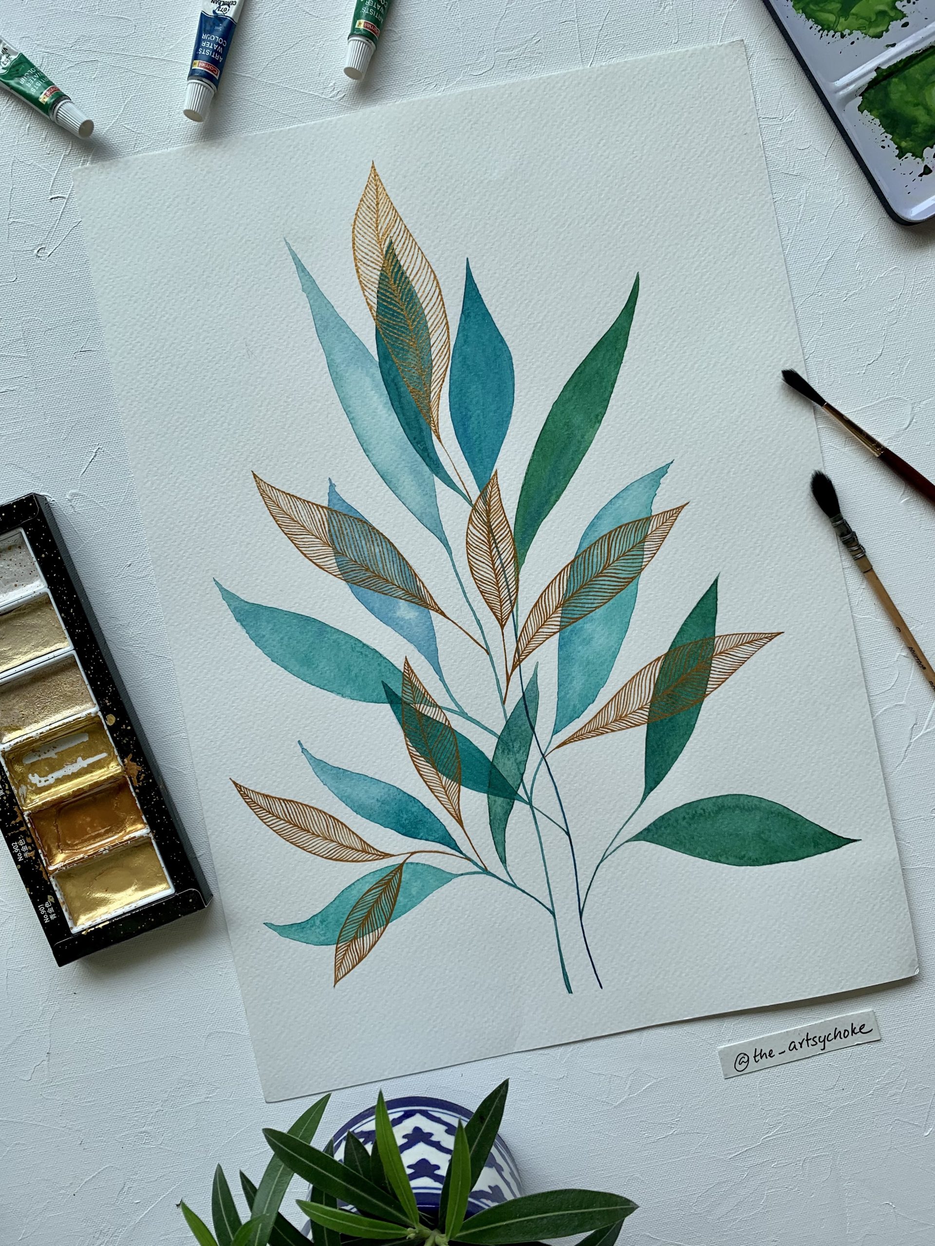 gilded-leaves-watercolour-watercolor-art-painting-leaves-contemporary-simple-minimal-poster-wallart-artwork-green-gold-botanical